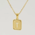 Elegant 18K gold stainless steel square pendant necklace featuring letter T - Letter T