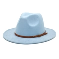 Close-up of light blue wool fedora hat with decorative brown leather belt and metal buckle - M (56-58cm) / Sky Blue