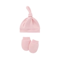 Detail of soft pink cotton newborn knotted beanie hat and matching anti-scratch mittens - Pink Hat and Mittens