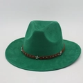 Forest green wide brim fedora hat with brown leather band and silver star studs - One Size / Grass Green