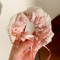 Sweet pink floral scrunchie with white lace edges and a delicate ribbon bow accent - Two-tone Pink Bow Lace
