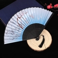 Classic blue gradient folding fan with plum blossom and deer motif on black bamboo frame - Style 68