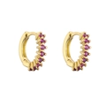 Macro shot of gold-plated huggie hoop earrings with micro-paved pink cubic zirconia - Rose Red