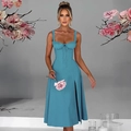 Close-up of blue camisole dress with front slit and drawstring tie detail at chest - Blue