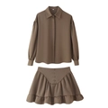 Women's 2-piece set featuring a brown lapel shirt and ruffled skirt with buckle detail - S / Dark Camel