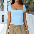 Short sleeve square neck slim fit T-shirt for women in light blue color - XS / Light Blue