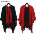 Zweiseitiger Strick-Poncho in Schwarz und Rot mit Fransen, gemütliches Acryl-Cape - 4# Schwarz + Rot