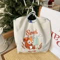 Close-up of squirrel and pine embroidery on a beige nylon tote bag with rope handle - Blue-gray Squirrel (Without Shoulder Strap)
