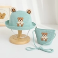 Detail of mint green straw hat and bear bag set with cute 3D ears and embroidery - 48-52cm / Straw Hat And Bag Set / Green
