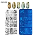 Rectangular nail art stamping plate OM-D23 with animal and floral patterns in blue - OM-D23 Sunflower Giraffe Dinosaur (OM-D23)
