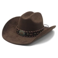 Donkerbruine cowboyhoed van imitatie-suède met turquoise gesp en lederen band - M (56-57 cm) / Bruin
