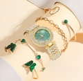 Women's gold quartz watch set with emerald green butterfly bracelets and jewelry - Green Watch Set 1 (orange Box)