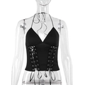 Front detail of black corset halter top with metal eyelets and ribbon lace-up design - S / Black