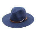 Detail of navy straw fedora hat with brown leather band and silver metal buckle - M (56-58cm) / Navy Blue