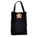Detail of black popcorn texture tote bag with a pink 3D flower and sturdy handles - Black Bubble Fabric-Khaki Medium 5-Petal Flower