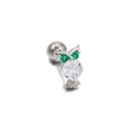 Silver owl stud earring with white zircon stone and green gem eyes on white background - Owl