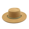 Detail of khaki wool felt flat top hat featuring a turquoise beaded decorative band - M (56-58cm) / Camel