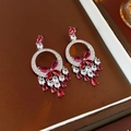 Vue détaillée de boucles d'oreilles en argent avec zircon papillon et pendentif goutte rouge - Boucles d'oreilles roses (tige en argent)