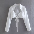 Blusa corta blanca de manga larga con escote en V profundo y detalle de lazo frontal - S / Blanco
