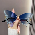 Occhiali da sole a farfalla senza montatura sfumati blu con strass e ponte dorato - Montatura Oro/Celeste/Strass Blu