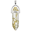 Natural hexagonal stone pendant in white with yellow texture and silver metal clasp - Howlite