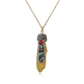 Detailed view of natural yellow crystal pendant with multi-color rhinestones and gold chain - Yellow