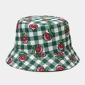 Close-up of green and white checkered bucket hat with detailed pink flower embroidery - M (56-58cm) / Green White Plaid Floral Embroidery