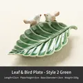 Green leaf ceramic jewelry tray with white bird figurines and detailed leaf texture - Green Leaf Bird Tray - Style 2 Green