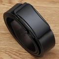 Men's black leather belt with a smooth rectangle automatic alloy buckle on wood background - Alloy/PU / 110cm / Gunmetal