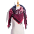 Plaid and herringbone knit triangle scarf in red, navy blue, and black with fringe edges - Maroon Plaid