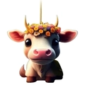 Cute cartoon cow car hanging ornament with floral wreath and golden string - Style K-Flower Wreath Cow