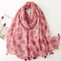 Pink floral print cotton linen feel scarf with purple tassels for beach and sun protection - Pink Orange & Purple Floral (SL2306-022)