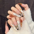 3D-Blumen geprägte lange Sargnägel mit Bernsteinmarmorierung und Goldfolie-Dekor - Groß (L) / Dünner Stiletto-Stil (563-Thin Dog Point)