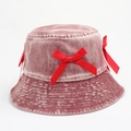 Detail of red washed denim bucket hat featuring a stylish satin bow and vintage texture - M (56-58cm) / Burgundy