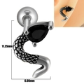 Silver snake cartilage stud earring with black zircon and dimensions of 11.25mm by 6.66mm - Snake - Vintage Silver with Black Zirconia