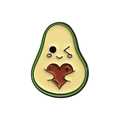 Cute cartoon avocado enamel pin with a brown heart and playful winking facial expression - Winking Heart Avocado