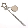 Detail of silver star keychain with bow pendant, folding mirror, and long chain tassel - Star Clasp + Oval Mirror + Tassel / Silver Star (Oval Mirror Style)