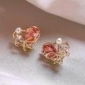Elegant C-shaped heart earrings with pink pear stones, gold bow and baroque pearls - Pink Heart Bow Stud Earrings