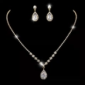 Macro shot of gold bridal jewelry set featuring teardrop crystals and sparkling rhinestones - Gold Water Drop Necklace Earrings Set (463)