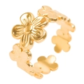 Macro detail of golden five-petal flower rings with adjustable open band design - Gold