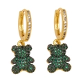Chic gold teddy bear drop earrings with inlaid green and white cubic zirconia crystals - Green