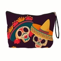 Cosmetische tas met Mexicaanse suikerschedel print en handige draagbare polsband - Zwarte Dubbele Schedel Stijl (xy-037-03) / 17x25cm Met Polsband