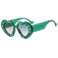 Green heart shaped sunglasses with rhinestones and blue to orange gradient lenses - Green Frame Gradient Green Tea Lens