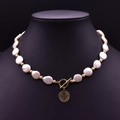 Vintage freshwater baroque pearl necklace with gold coin pendant and OT toggle clasp - Baroque Coin Pearl OT Buckle Necklace