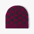 Thick knit beanie featuring a burgundy and black checkerboard pattern with ribbed cuff - Burgundy