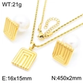 Golden titanium steel jewelry set featuring square pearl earrings and pendant necklace - Geometric Square Pearl Style (KS222169-GC)