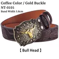 Detail of western cowboy leather belt with golden bull head buckle and floral embossing - Coffee Gold Buckle (Bull Head)