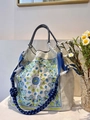 Detail of white nylon tote bag with paisley embroidery and knotted rope handles - Blue Grey Paisley