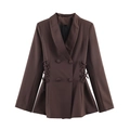 Dames blazer in donkerbruin met sjaalkraag, dubbele knopenrij en vetersluiting in de taille - XS / Koffiebruin