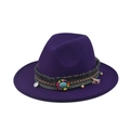 Dark purple wool fedora hat with bohemian ethnic band and turquoise bead detail - 09-Deep Purple